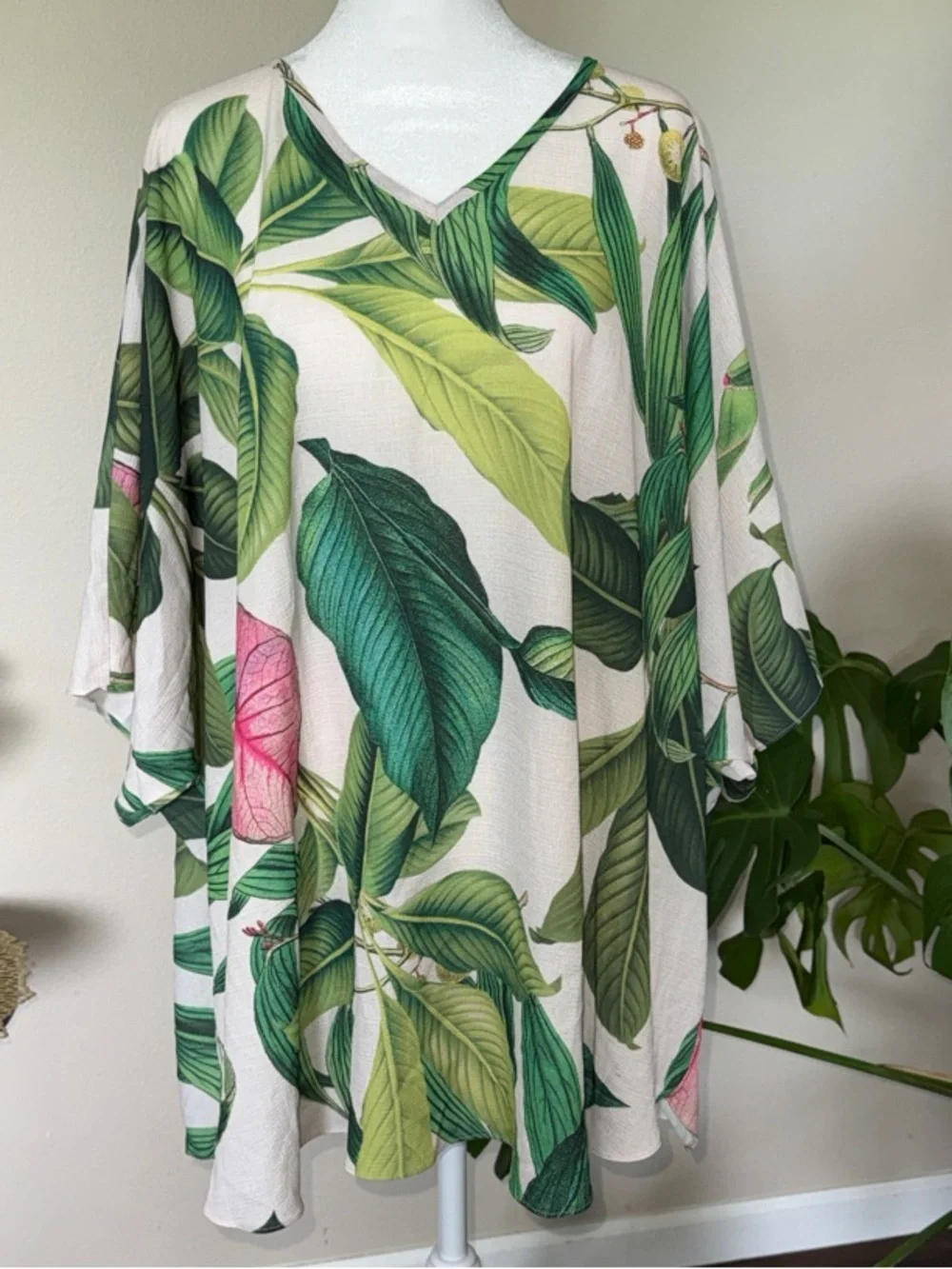 Tropical Leaf V-Neck Tunic Swim Cover, 1X